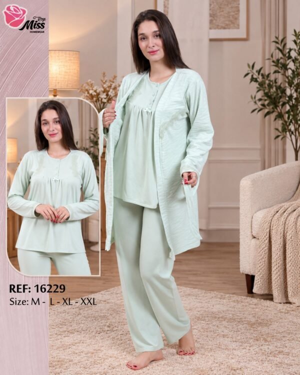 Rose Miss Pyjama 3 pièces avec robe de chambre – Réf 16229 – Vert d'eau