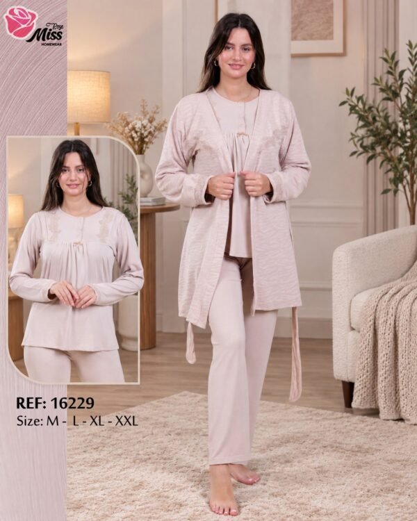 Rose Miss Pyjama 3 pièces avec robe de chambre – Réf 16229 – Taupe