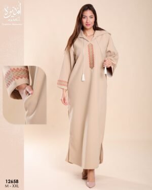 Amira Djellaba brodée à capuche – Réf 12658 – Beige
