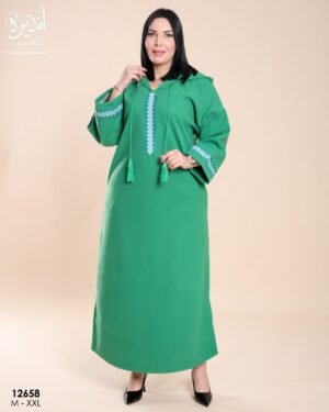 Amira Djellaba brodée à capuche – Réf 12658 – Vert