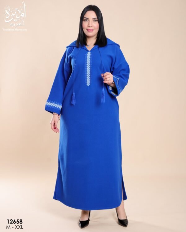 Amira Djellaba brodée à capuche – Réf 12658 – Bleu roi