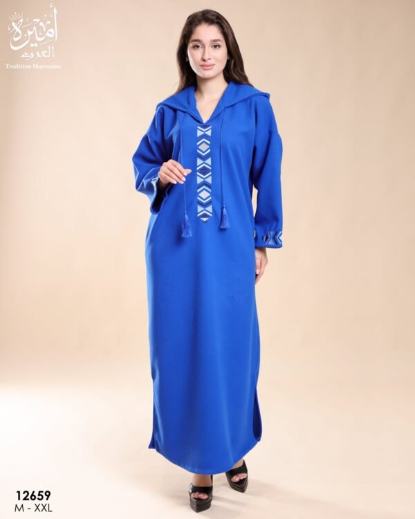 Amira Djellaba brodée à capuche – Réf 12659 – Bleu roi