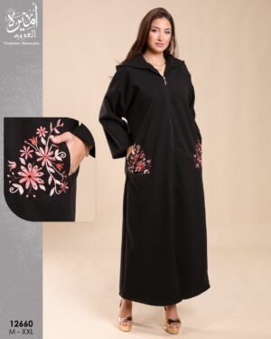 Amira Djellaba zippée brodée – Réf 12660 – Noir