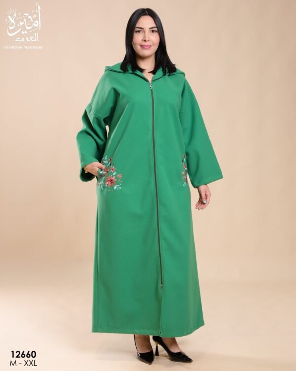 Amira Djellaba zippée brodée – Réf 12660 – Vert