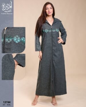 Amira Djellaba zippée brodée – Réf 12744 – Gris anthracite