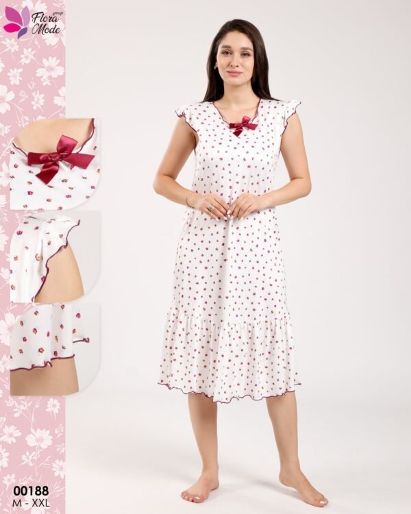 Flora Mode Chemise de nuit – Réf 00188 – Blanc motif rouge