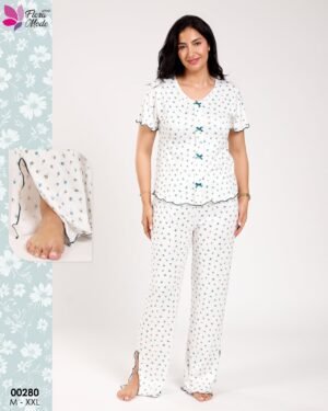 Flora Mode Pyjama – Réf 00280 – Blanc fleurs bleues