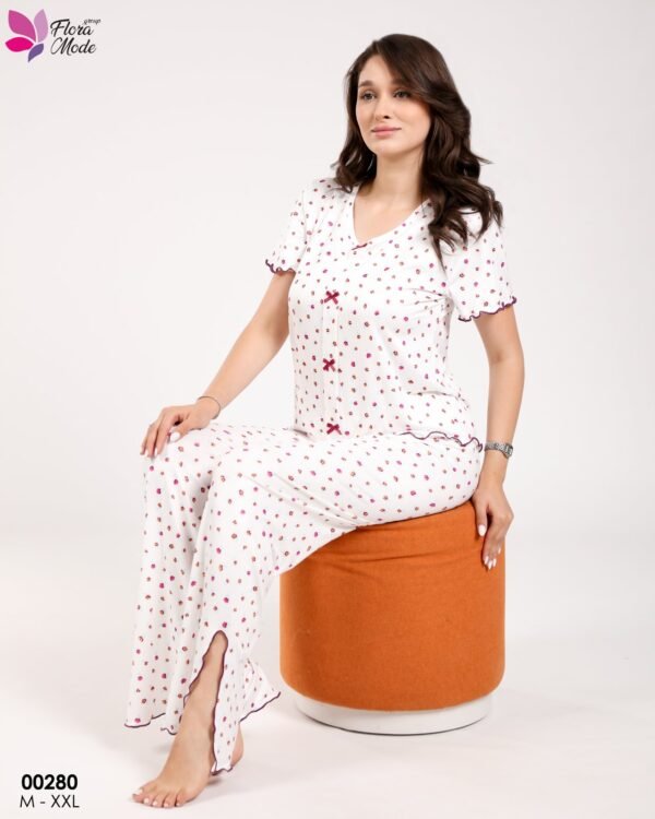 Flora Mode Pyjama – Réf 00280 – Blanc fleurs roses