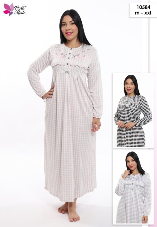 Flora Mode Chemise de nuit longue pied-de-poule – Réf 10584 – Couleurs assorties