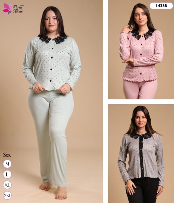 Flora Mode Pyjama boutonné à col dentelle – Réf 14368 – Couleurs assorties