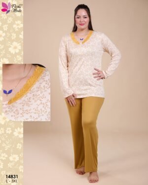 Flora Mode Pyjama fleuri – Réf 14831 – Écru moutarde