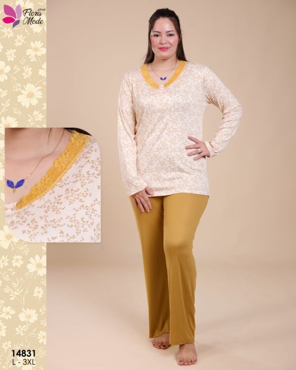 Flora Mode Pyjama fleuri – Réf 14831 – Écru moutarde