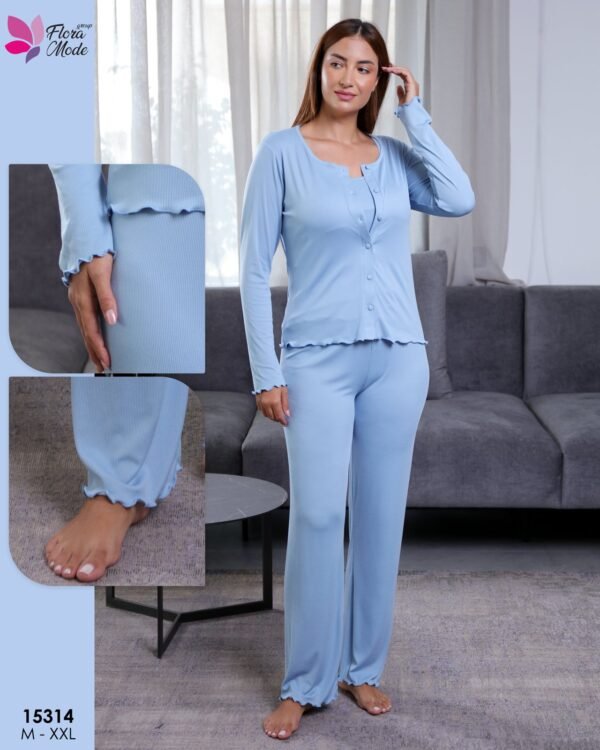 Flora Mode Pyjama 3 pièces avec gilet – Réf 15314 – Bleu ciel