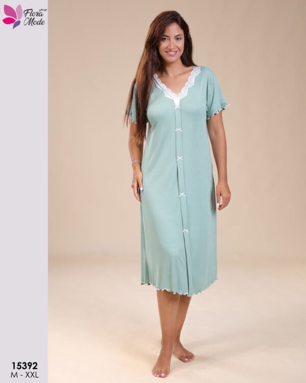 Flora Mode Chemise de nuit boutonnée dentelle – Réf 15392 – Vert d'eau