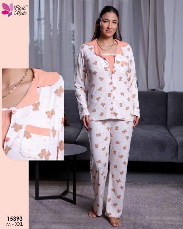 Flora Mode Pyjama 3 pièces imprimé ourson – Réf 15393 – Écru pêche