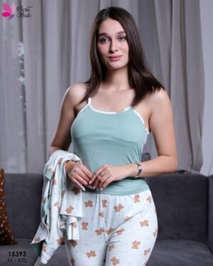 Flora Mode Pyjama 3 pièces imprimé ourson – Réf 15393 – Écru vert d'eau