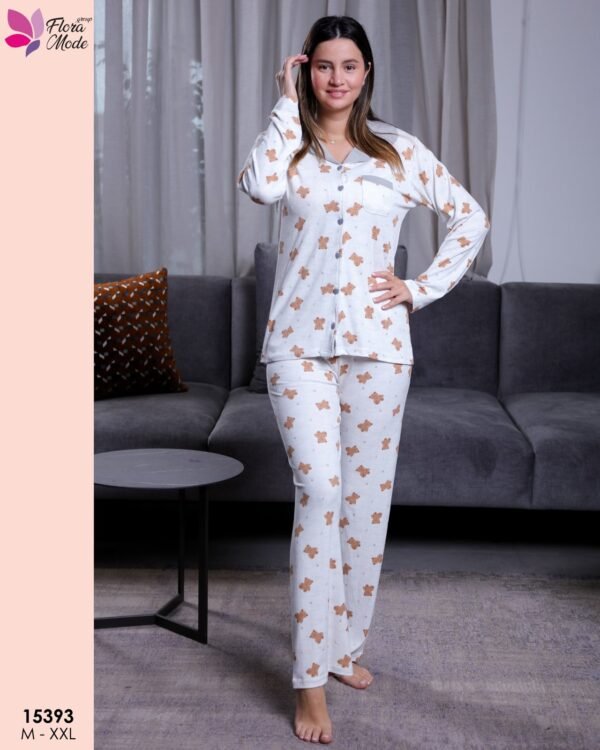Flora Mode Pyjama 3 pièces imprimé ourson – Réf 15393 – Écru gris