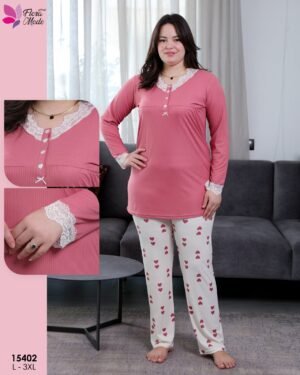 Flora Mode Pyjama cœurs dentelle – Réf 15402 – Vieux rose