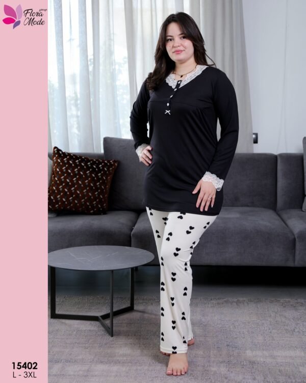 Flora Mode Pyjama cœurs dentelle – Réf 15402 – Noir