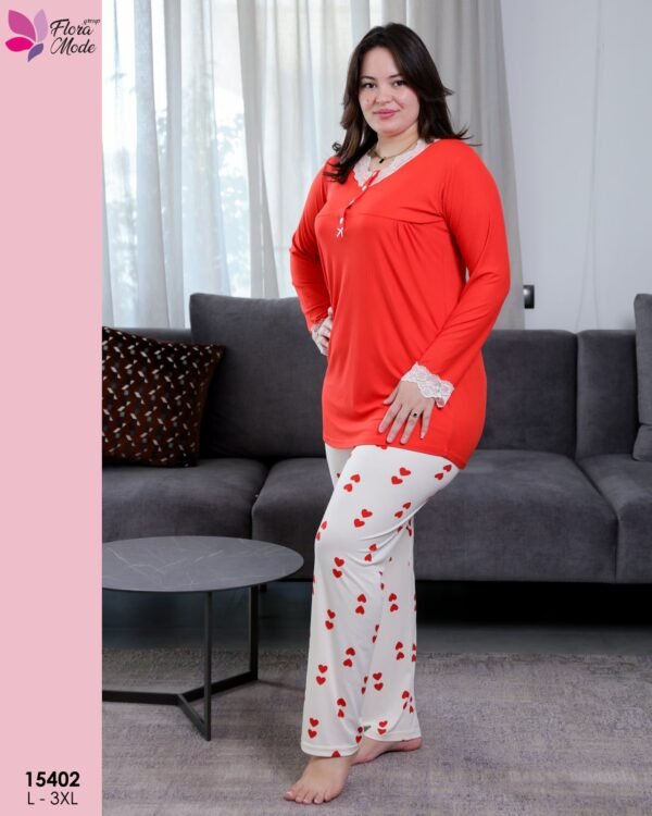 Flora Mode Pyjama cœurs dentelle – Réf 15402 – Rouge
