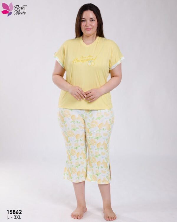 Flora Mode Pyjama pantacourt imprimé – Réf 15862 – Jaune
