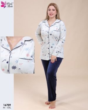 Flora Mode Pyjama boutonné velours imprimé – Réf 16709 – Écru marine