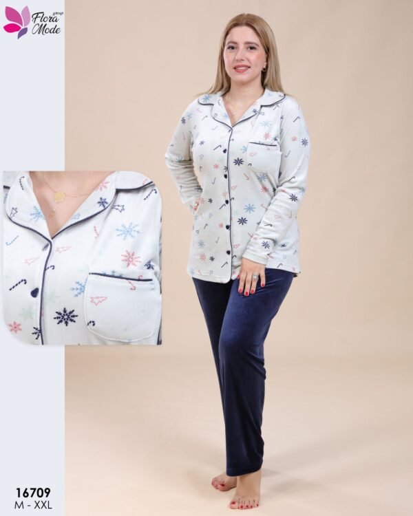 Flora Mode Pyjama boutonné velours imprimé – Réf 16709 – Écru marine