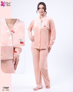 Flora Mode Pyjama velours boutonné cerises – Réf 17047 – Pêche