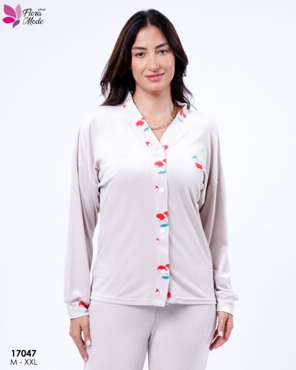 Flora Mode Pyjama velours boutonné cerises – Réf 17047 – Gris clair