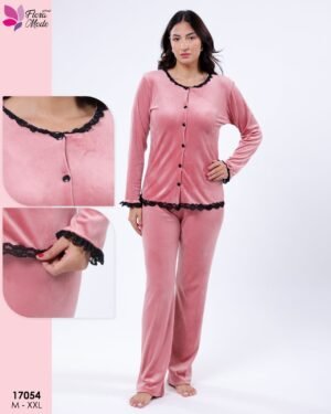 Flora Mode Pyjama velours boutonné dentelle – Réf 17054 – Vieux rose