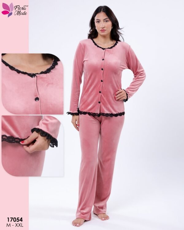 Flora Mode Pyjama velours boutonné dentelle – Réf 17054 – Vieux rose