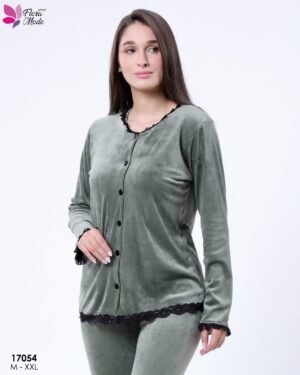 Flora Mode Pyjama velours boutonné dentelle – Réf 17054 – Vert kaki