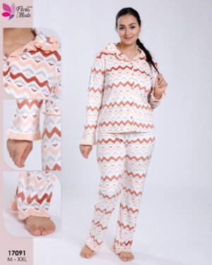 Flora Mode Pyjama chemise zigzag – Réf 17091 – Écru rouille