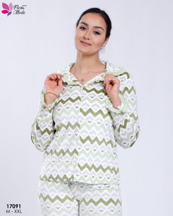 Flora Mode Pyjama chemise zigzag – Réf 17091 – Écru vert