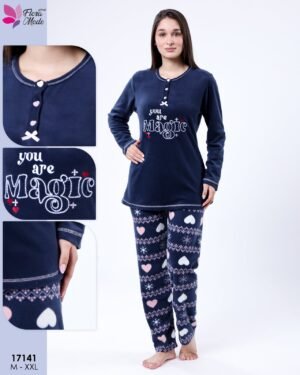 Flora Mode Pyjama polaire imprimé cœurs – Réf 17141 – Bleu marine