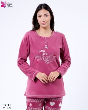 Flora Mode Pyjama polaire imprimé cœurs – Réf 17141 – Framboise