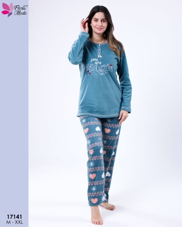 Flora Mode Pyjama polaire imprimé cœurs – Réf 17141 – Bleu pétrole