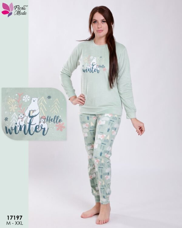 Flora Mode Pyjama velours imprimé ours – Réf 17197 – Vert d'eau