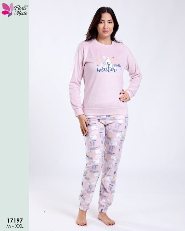 Flora Mode Pyjama velours imprimé ours – Réf 17197 – Rose pâle