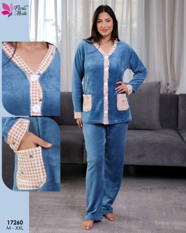 Flora Mode Pyjama polaire boutonné – Réf 17260 – Bleu jean