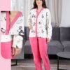 Flora Mode Pyjama polaire boutonné imprimé – Réf 17307 – Écru et rose