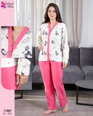 Flora Mode Pyjama polaire boutonné imprimé – Réf 17307 – Écru et rose
