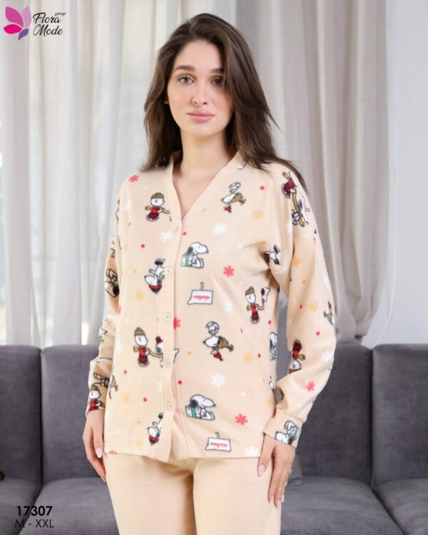 Flora Mode Pyjama polaire boutonné imprimé – Réf 17307 – Beige