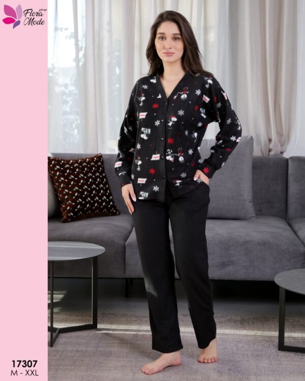 Flora Mode Pyjama polaire boutonné imprimé – Réf 17307 – Noir