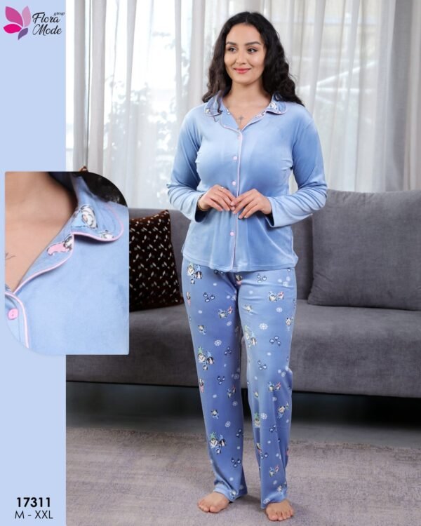 Flora Mode Pyjama velours chemise imprimé – Réf 17311 – Bleu jean