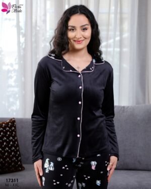 Flora Mode Pyjama velours chemise imprimé – Réf 17311 – Noir
