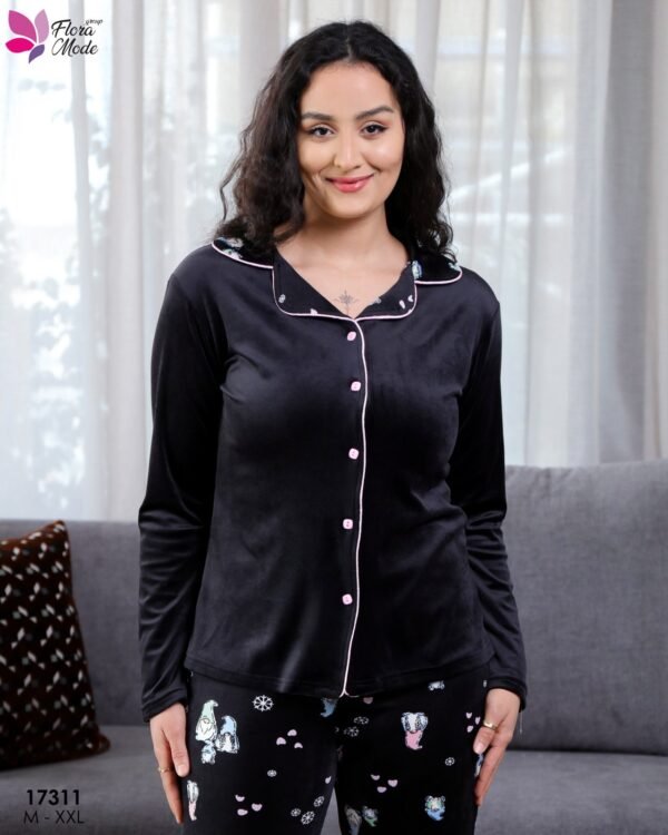Flora Mode Pyjama velours chemise imprimé – Réf 17311 – Noir