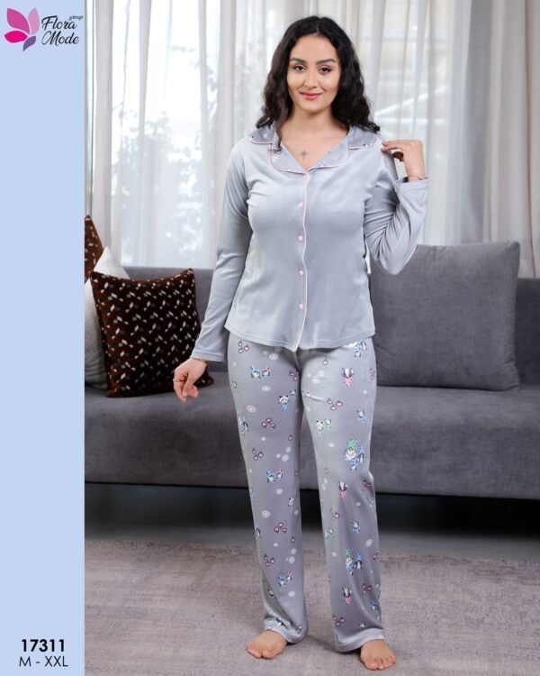Flora Mode Pyjama velours chemise imprimé – Réf 17311 – Gris