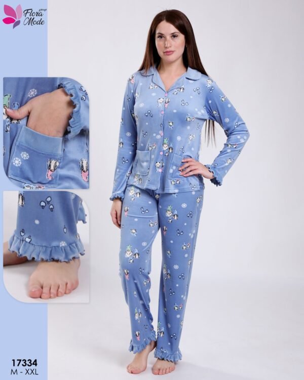 Flora Mode Pyjama velours chemise imprimé – Réf 17334 – Bleu jean