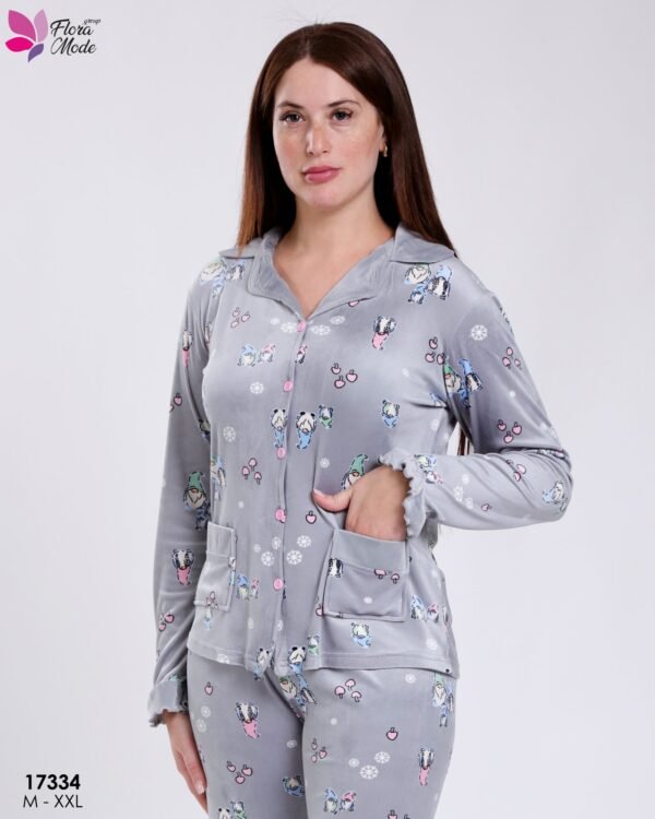 Flora Mode Pyjama velours chemise imprimé – Réf 17334 – Gris
